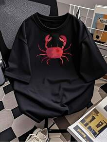 Camiseta gráfica moderna para mujer con ilustración de cangrejo divertido, cómoda camiseta de verano de mezcla de algodón, camiseta informal de manga corta con cuello redondo para un estilo diario, diseño único. - Negro - Ver 2