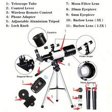 TAIMASI 150X High Light Monocular Astronomy Telescope, 70mm Aperture 300mm Refractor Telescope Portable, 3 Eyepiece & 3X Barlow Lens, For Star Nebular Viewing, Camping Nature Viewing, Education & Exploration | Multi-Coating, Wireless Remote, AZ Mount, Phone Adapter | Ideal Gift For Family, Friends, Adults, Astronomy Beginners, Christmas, Birthday Party - 白色 - 查看 10