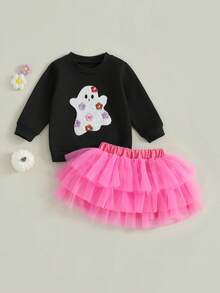 Toddler Baby Girl Halloween Outfit Ghost Embroidered Long Sleeve Sweatshirt Pullover Tops + Elastic Tulle Tutu Skirt 2pcs Infant Fall Winter Outfits Set - màu đen - Xem 6