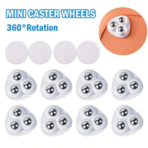 Small Casters 8 PCS Self Adhesive Appliance Wheels With 3 Ball Bearings 360°Swivel Appliances Slider Mini Caster Wheels For Kitchen Countertop Furniture Trash Can Storage Box (White)