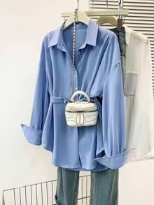 女士时尚蓝色长袖翻领衬衫，纽扣前襟，泡泡袖，常规长度 - 藍色 - 查看 4