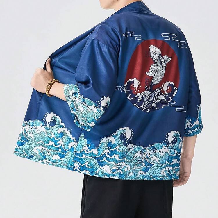 Mens Kimono Robe Jacket 3/4 Sleeve Open Front Japanese Shirt Bathrobe Lightweight Coathalloween - Màu-q - Xem 9