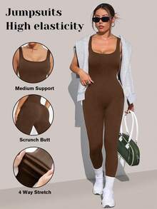 VVX Shapewear Bodysuit For Women Tummy Control Square Neck Seamless Ribbed One Piece Jumpsuit Sleeveless Tank Top Leggings - 棕色 - 查看 1
