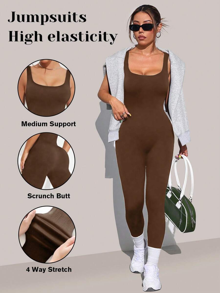 VVX Shapewear Bodysuit For Women Tummy Control Square Neck Seamless Ribbed One Piece Jumpsuit Sleeveless Tank Top Leggings - 棕色 - 查看 1