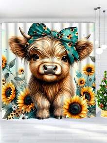 1/4 pièces Ensemble de rideaux de douche à motif floral et vache, cadeau pour la fête des mères, décoration d'intérieur, printemps/été, décoration de vacances, accessoire de salle de bain haut de gamme, durable et imperméable, lavable en machine, 12 crochets inclus, séparateur de baignoire et conception facile à nettoyer pour une expérience de salle de bain rafraîchissante, décoration de salle de bain, décoration de Noël