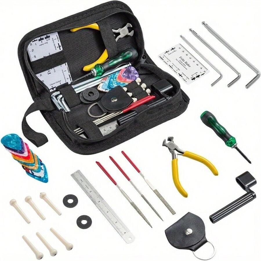 Shoze Guitar Maintenance Tools Kit – Guitar Repair & Cleaning Kit With String Winder, Cutter, Fret Files, Screwdriver – Guitar Tool Set For Acoustic, Electric, Bass Guitars For Beginners Musicians - 31 artículos - Ver 1