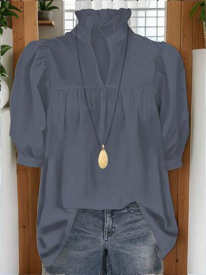 Spring/Summer 2025 Autumn Fashionable New Blouse, French Style Women's Shirt, Puff Sleeve, Back To School, American Shirt, Stylish, Teacher, 70s, Commuter, Minimalist, Office Wear, Retro, Simple, French, Spring/Summer Tops Old Money Style, Teacher Shirt, Women's Casual Short Sleeve Solid Color Shirt, Suitable For Outerwear