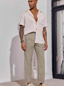 Runcati Mens Linen Pants Casual Elastic Waist Trousers Summer Beach Lightweight Pants - 卡其色 - 查看 5