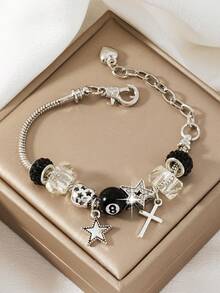 1 件时尚水钻串珠吊坠手链，配黑色 8 号球和十字架吊坠，适合女孩 - 黑色 - 查看 4