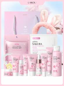 1 Moisturizing And Brightening LAIKOU Japanese Sakura Skincare Set (Headband + 17ml Sakura Essence + 15ml Sakura Eye Serum + 4-Piece Sakura Travel Kit + 30g Sakura Sunscreen + Telephone Cord Hair Tie + Ins Style Gift Bag (Pink Ribbon) + 100ml Japanese Sakura Toner + 15g Sakura Eye Cream + 25g Sakura Moisturizing Mask)