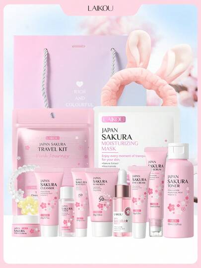 LAIKOU Japanese Cherry Blossom Moisturizing Skincare Set (Headband + 17ml Cherry Blossom Essence + 15ml Cherry Blossom Eye Essence + 4pcs Cherry Blossom Travel Set + 30g Cherry Blossom Sunscreen + Phone Cord Hair Tie + Ins Style Gift Bag (Pink Ribbon) + 100ml Japanese Cherry Blossom Toner + 15g Cherry Blossom Eye Cream + 25g Cherry Blossom Moisturizing Face Mask) For Women, Mom, Wife, Sister, Teen, Girlfriend Self Care Travel Stuff