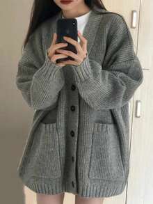 Las mujeres de cuello en V estilo perezoso chaqueta de punto, botón simple japonesa jersey otoño e invierno casual suéter de punto suelto - Gris - Ver 2