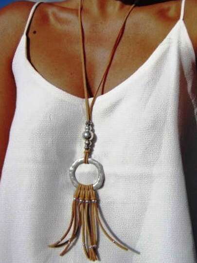 1PC Bohemia Brown PU Leather Rope Tassel Long Pendant Necklace Vintage Elegant Daily Wear, Casual Jewelry Accessories