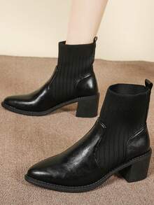 Botas Curtas de Malha e PU Recortadas Femininas, Botas Tipo Meia Estilo Fada, Bico Fino Salto Grosso Slip-On, Botas Tornozelo e Botinhas, Outono, Preto, Outono/Inverno