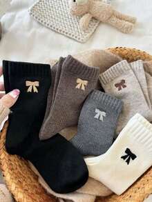 3/5 Paar Damen süße Schleife Lässig Crew Knöchelsocken, Farben zufällig, geeignet für den täglichen Gebrauch