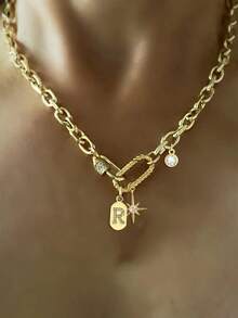 STYLEVER 1 件金色 A-Z 首字母项链，螺丝双扣链，单锆石八角形吊坠链，恶魔眼珍珠链，不锈钢链，万圣节和圣诞节礼物，适合女性 - 金黃色 - 查看 17