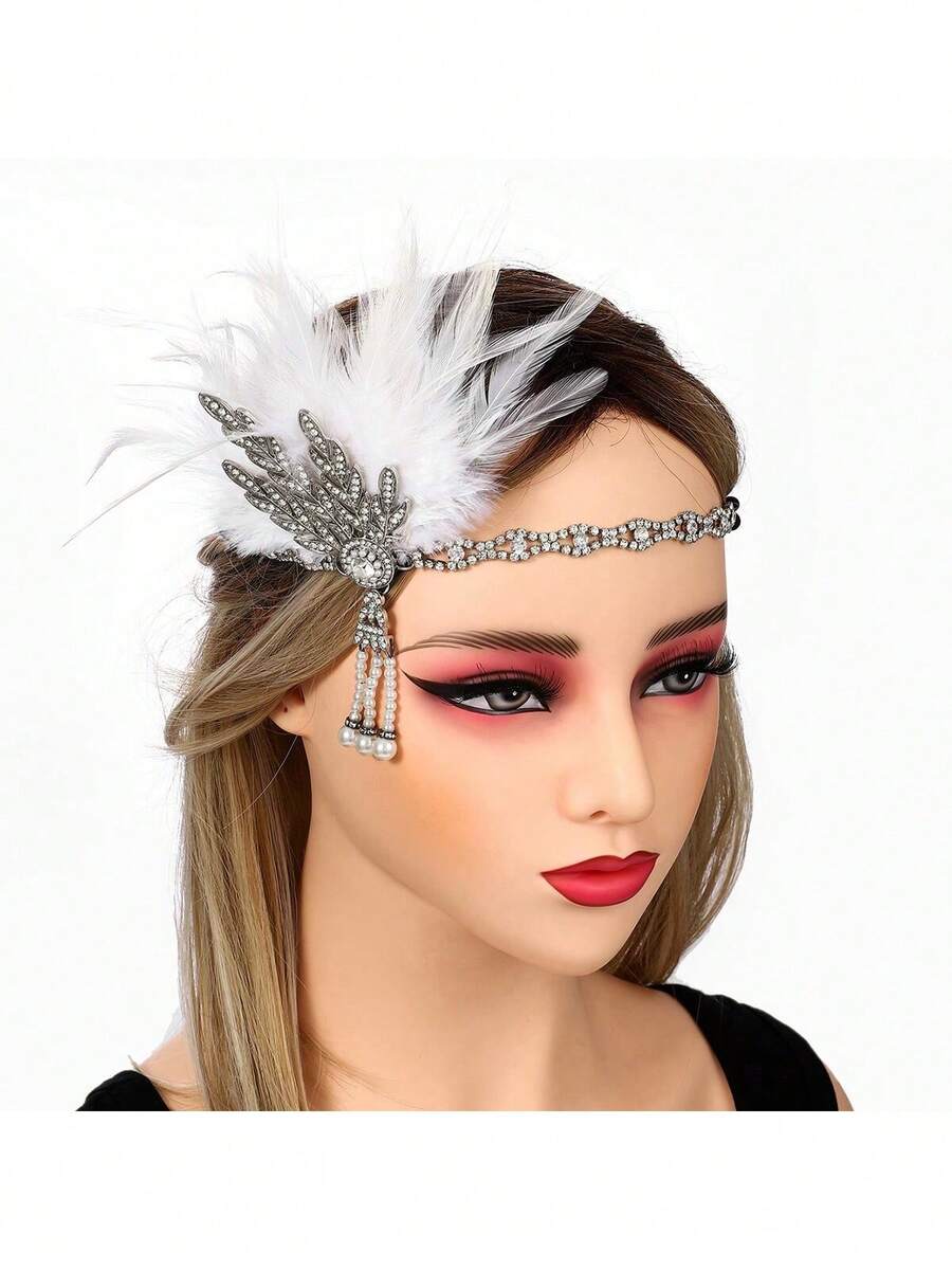 1pc 1920s Feather Headband For Women, Elegant Polyester Sequin Feather Headpiece For Masquerade Party, Vintage Costume Accessory - Multicolor - View 1