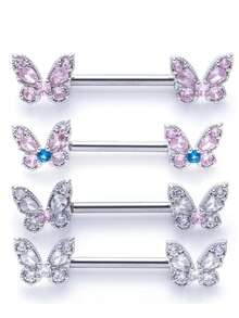 1件装锆石蝴蝶形杠铃乳环，时尚闪亮不锈钢乳头穿刺饰品，女士适用 - 彩色 - 查看 10