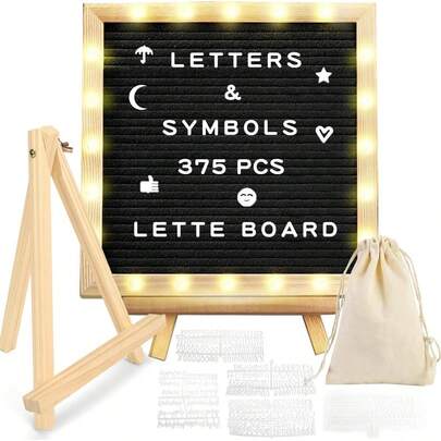 Cartel de Fieltro Negro,Pizarrón y Letrero de Vintage con 375 Letras,Números,Signos,Emojis,Bolsa de Tela y Luces LED Incorporadas,25.4CM x 25.4CM Marco de Roble Tablero de Letras de Fieltro