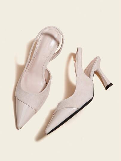 7cm Apricot Color Block High Heel Sandals, Pumps, Fall, Autumn, Pointed Toe Slip-On Party Wedding Formal Shoes