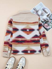 Acelitt Women's Western Style Geometric Print Patchwork Ribbed Collar Dual Flap Pocket Turndown Collar Shacket, Winter - Multicolor - View 5