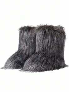 Women's Winter Furry Snow Boots Fuzzy Fluffy Round Toe Suede Booties Flat Heel Slip On Outdoor Indoor Shoes Fashion Warm Fluffy Shoes - 灰色 - 查看 4