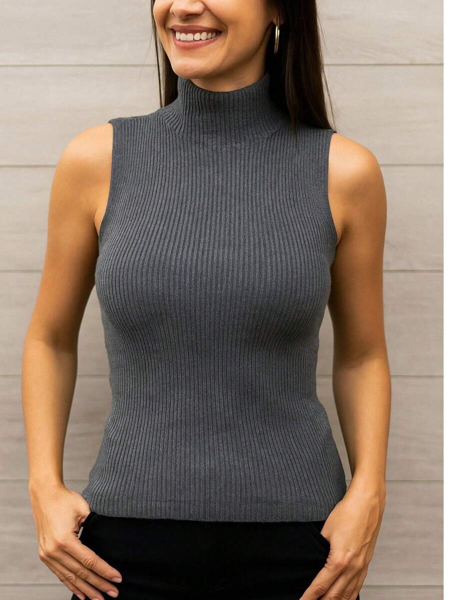 Women's Ribbed Tank Top, Garrafinha Knit, High Neck, Sleeveless Blouse, Lightweight, Faby Tricot - 深灰色 - 查看 1