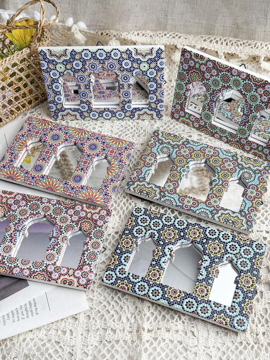 1pc Rectangular 3-Sided Bohemian Floral Pattern Ceramic Embossed Decorative Mirror With Hanging Board, Suitable For Home Decor, Daily Use And Holiday Gifts