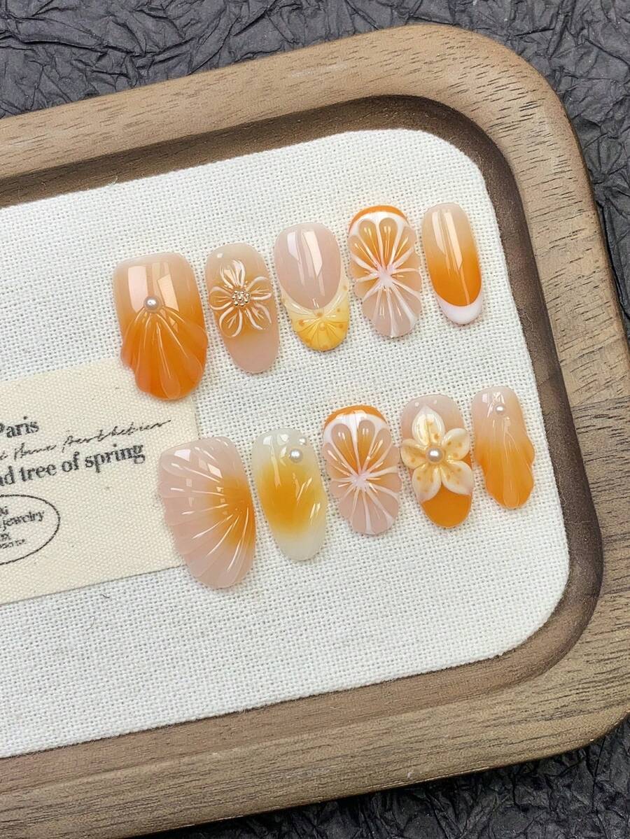 10pcs Handmade Nails Oval Nails Press On Nails Short, Elegant Orange Nails, French Tip Nails, Ombre Gradient Hand-Painted Lemon Orange Floral 3D Carved Embossed Flower, Faux Pearl Inlaid, Mermaid Teardrop Beach Essentials, Premium Universally Flattering Nail Tips, Edgy Elegant Luxury Handcrafted Autumn Nails, Sweet Aesthetic Nails,