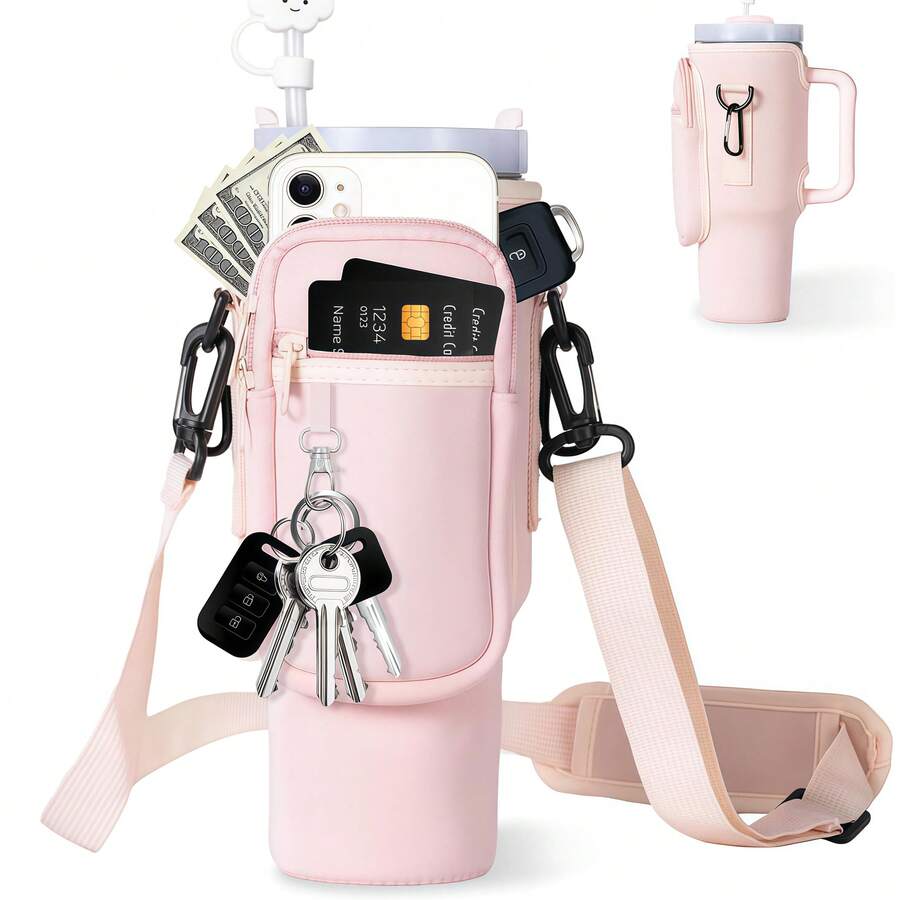 40oz Water Cup Sleeve - 1pc 40oz Adjustable Handle Water Cup Sleeve - Car Mounted Insulated Water Bottle Sleeve - 柔粉色 - 查看 1
