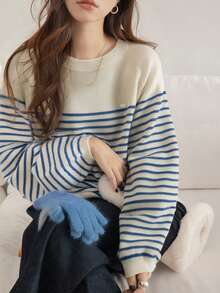 Alicedudu 女式法式条纹休闲圆领毛衣，秋冬 - 藍白色 - 查看 4