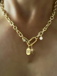 STYLEVER 1 件金色 A-Z 首字母项链，螺丝双扣链，单锆石八角形吊坠链，恶魔眼珍珠链，不锈钢链，万圣节和圣诞节礼物，适合女性 - 金黃色 - 查看 15