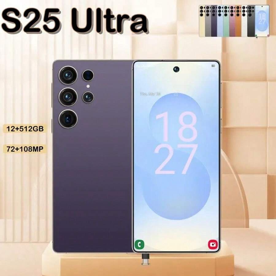 12GB+512GB I25 Ultra Android 14 智能手机 - 6.8 英寸高清显示屏，6000mAh 电池，Face ID+指纹锁，内置手写笔，全球解锁手机（紫色）兼容 、Android 手机，生日礼物，家人、朋友手机支架手机配件 - 紫色 - 查看 1