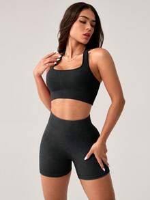 NcmRyu Women's Ribbed Knit Sports Bra & High-Waisted Shorts Set - Stretchy Comfortable Activewear With Ribbed Texture, Ideal For Yoga, Workout, Gym, Running & Outdoor Activities - 黑色 - 查看 6