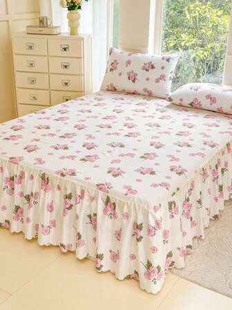 3pcs (1pc Bed Skirt 2pcs Pillowcase) White Solid Bed Skirt, Pink Rose, Fresh Flowers, Floral Print Pattern Printed Design With Lotus Leaf Hem Bed Skirt, Full Coverage Dust Protection Cover With Skirt Hem Bed Skirt Cover Three-Piece Set Pleated Bed Skirt With 2 Pillowcases Bedding Set,