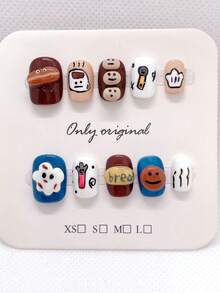 10 件按压指甲短方形和圆形卡通指甲，手工制作的秋季按压指甲，白云，香肠指甲用品，家庭 DIY 指甲设计全覆盖假指甲片女士和女孩的人造指甲美甲用品办公室日常佩戴假指甲，纯手工佩戴指甲 - Follow Your Heart - 查看 14