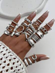20pcs Minimalist Asymmetrical Metal Gold Water Drop Rings, Vintage Geometric Hollow Thick Jewelry Set, Women Daily & Holiday Decorative Charm Jewelry Set - 20-piece Ring Set - View 17