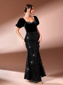 Women's Solid Color Sweetheart Collar Puff Sleeve Dress, Embroidered With Sequins, Sequins And Velvet Patchwork, Soft And Comfortable, Suitable For Banquets, Parties And Gatherings