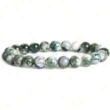 Pulsera elegante de cuentas de ágata de musgo, piedras redondas y lisas en tonos verde-blanco, ajuste elástico que se adapta a diferentes tamaños de muñeca, perfecta para un uso diario relajado que muestra delicadeza, joyería versátil para atuendos casuales