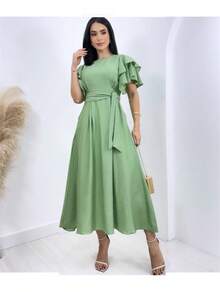 Duna Women's Long Midi Dress In Linen With Ruffle Sleeves And Belt - Mint Green - View 1
