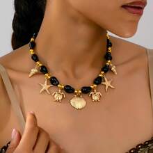 1pc French Style Ocean Element Faux Pearl Beaded Shell & Starfish Necklace For Women - Gold Baroque Necklace - View 2