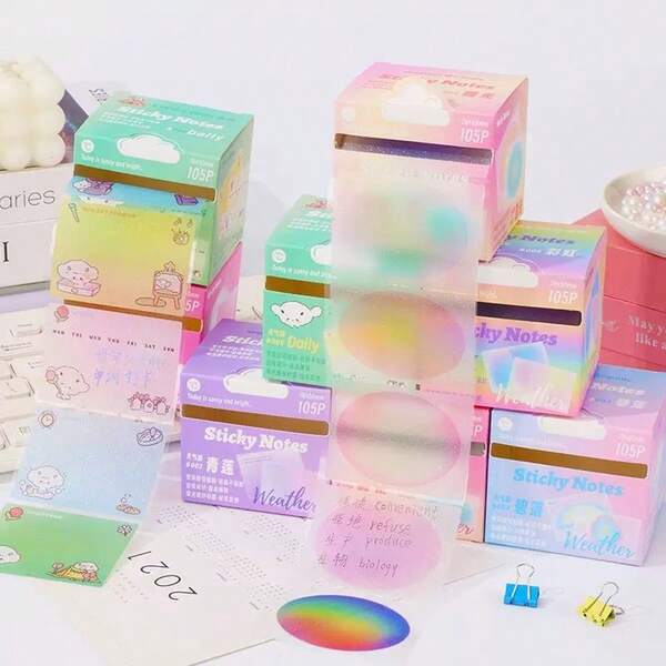 1pc 105-Sheet Pearlescent Transparent Sticky Notes, Convenient Tear-Off Memo Pad, High-Aesthetic Student Note-Taking Sticker