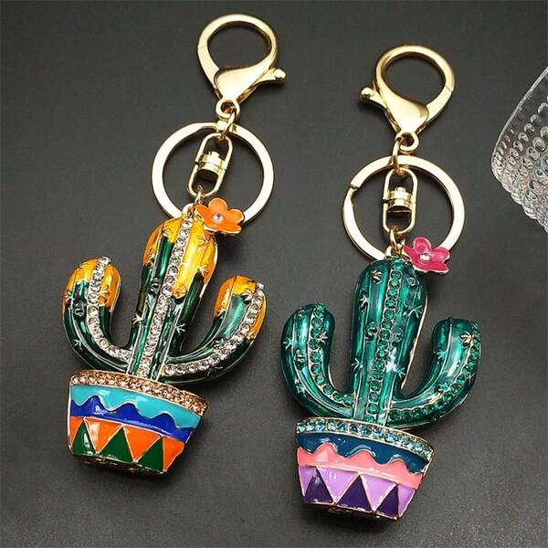 Porte-clés voiture en émail de pot de fleurs cactus pour femmes et hommes, décoré de strass colorés et de cristaux. Pendentif de sac décoratif. Cadeau de bijouterie porte-clés