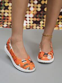Scarpe da donna in tela leggere e versatili, con punta tonda, colore a contrasto, slip-on, con elementi divertenti come fantasmi, zucche e pipistrelli per Ognissanti, adatte per feste