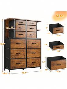 EnHomee Tall Dressers For Bedroom With LED Lights And 12 Fabric Drawers, Dresser For Bedroom With Open Shelves, Scuff-Resistant And Durable Wood-Top Panel, Chests Of Drawers With Sturdy Metal Framem Room Decor, Home Decor, Rust Brown - 鏽棕色 - 查看 7