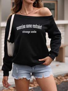 Customized Women's Off-Shoulder Sweatshirt With Flocking Print, Women's Autumn Clothing,Women's Winter Clothing,Halloween Costumes,Casual And Relaxed Black Top For Fall, Perfect For Going Out, Shopping, Festivals, Parties, Gatherings, And Travel.