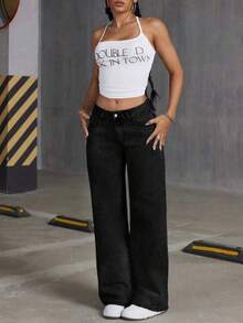 Teen Girl Casual Front Button Pocket Straight Leg Jeans - Black - View 3