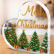 قطعة واحدة من الديكور الأكريليك الفني بشكل قلب مزخرف بنمط شجرة العيد - ديكور قابل للتثبيت على المكتب لعيد الميلاد والشكر والعام الجديد، لا يحتاج لطاقة أو بطارية