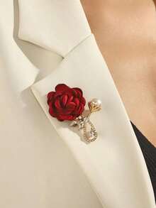 1pc Romantic Pink Rose Flower Shaped Brooch With Faux Pearl And Rhinestone Decor For Women's Casual & Party Outfits - 紅色 - 查看 6