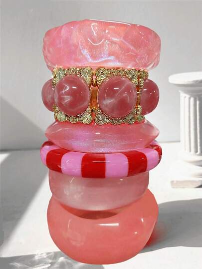 1pc Elegant New Transparent Pink Resin Bracelet, Striped Patchwork Asymmetrical Bracelet, Charming Jewelry For Women To Stack